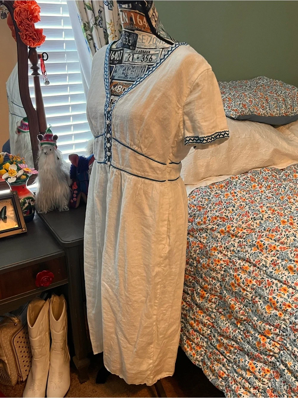 J. Crew White Linen Midi Dress with Blue Embroidered Trim